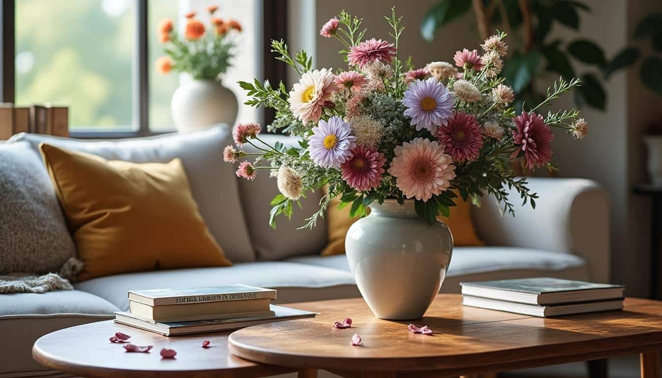 Des idées de compositions florales pour sublimer un vase dans le salon